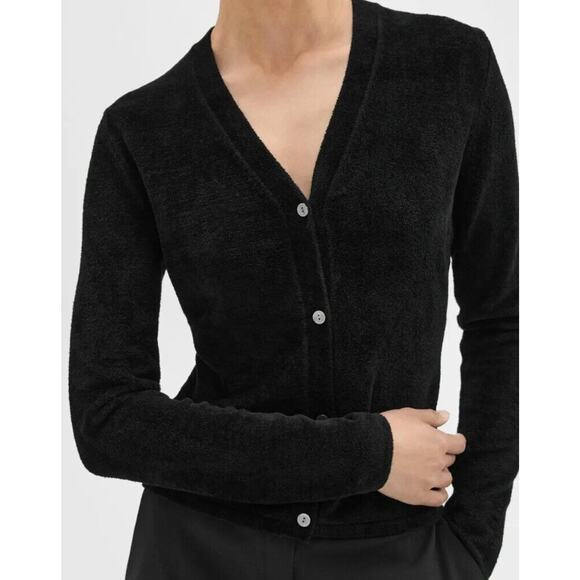 THEORY Black Velvet Rib Knit V-Neck Cardigan Sweater Top Net-A-Porter S $295 - Picture 1 of 12
